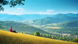 the person is sitting on the hill looking out to the hills