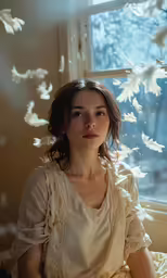 a woman sitting on a bed with white doves in the air
