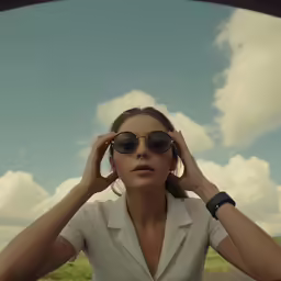 a woman in white dress shirt and sunglasses is covering her ears