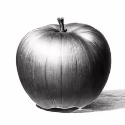 a black and white photo of an apple on the ground