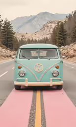 a blue vw bus is parked on the side of the road