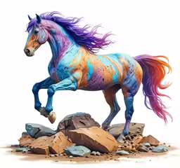 a colorful horse that is standing on a rock