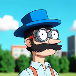 a cartoon man in a blue hat and glasses