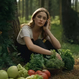 a woman sitting on the ground with various foods on the ground