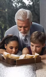 a man standing over two small kids with watermelon slices