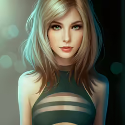 a female with blonde hair and blue eyes