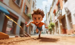 a little boy with a baseball bat is running away from a building
