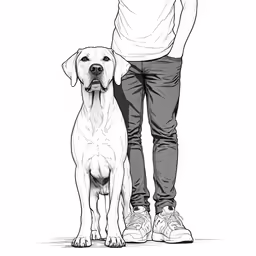 a man is standing next to his dog, black and white