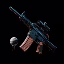 the rifle is sitting next to the golf ball