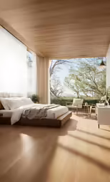 a spacious bedroom with open floor to outside windows
