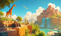 some people on steps near a water fall and giraffe