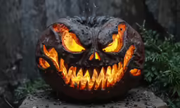 an outdoor lighted pumpkin on the ground