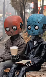two people in creepy looking masks sitting on a bench