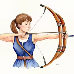 a girl with an arrow and bow pointing at something,a girl with a bow and arrows that looks like a game on her back