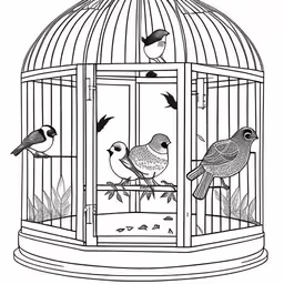 three birds inside of a cage, one is brown and one is blue,birds inside a bird cage with leaves