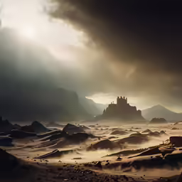 a photo of some sand mountains with a castle in the middle