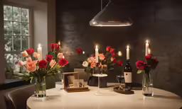 a dining table has a candle holder holding wine bottles and flowers