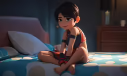 a young child sits on her bed looking at the camera