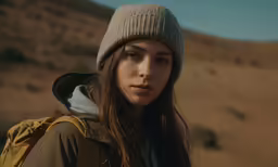 a girl with long hair and brown jacket posing