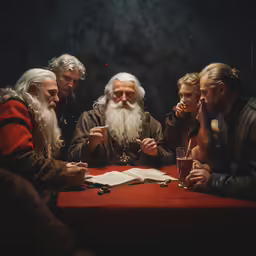 five people sitting around a table together and one has a long white beard and glasses