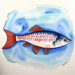a large fish with red stripes is painted in watercolng