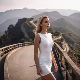 woman in white short dress posing near mountain road