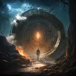 a man standing in front of an eye surrounded by fog