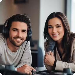 the man and woman are using headsets at a computer
