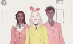 three different colored dolls wearing a pink jacket and coat