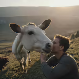a man standing in front of two cows, one is rubbing its face on the other
