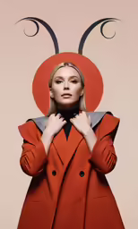a woman in a red jacket standing behind an odd red button