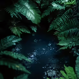 a jungle of green plants and water