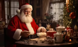 a man dressed in a santa outfit eating food