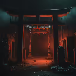 a chinese arch in the dark with a lot of fog