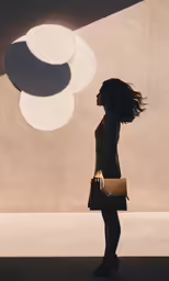 a woman holding a purse looks at a large object