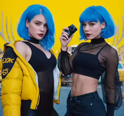 two models wearing clothing with blue hair, standing outdoors and talking on cell phones