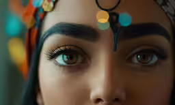 close up of an eyes and head with decorative hair decoration
