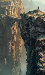 a long bridge crosses over a mountain top with trees on the cliffs