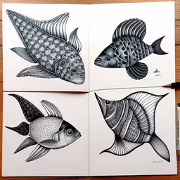 two pages of black and white ink drawings depicting fish