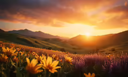 a field filled with yellow flowers on top of a lush green hillside