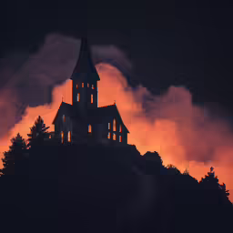 a black and red photograph of a church steeple