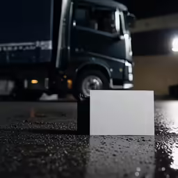 a white sign sitting on the ground in front of a truck