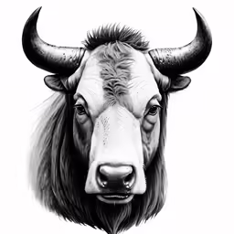 a bull with horns and long hair is shown in black and white