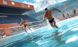 a man and woman playing water polo inside a stadium