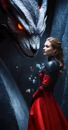 a woman in red and black dress next to a demon