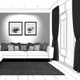 a black and white room with couch, window, rug and two pictures on the wall