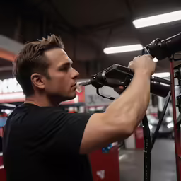 a man using a camera inside of a building