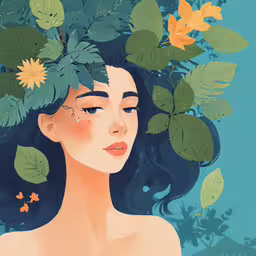 a painting of a woman with leaves on her head,the girl has leaves around her head
