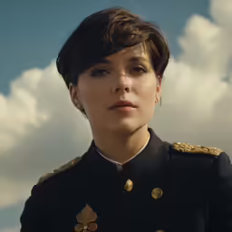 a woman with a black uniform and sky in the background