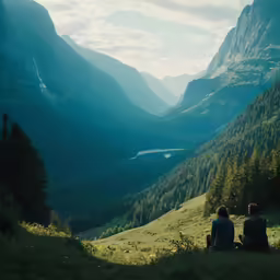 two people are sitting on top of a mountain overlooking a lake